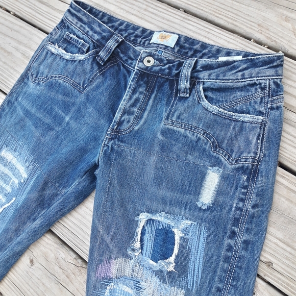 Vintage 90s Jeans Womens Straight Leg Patch Frayed Edge Distressed - Picture 7 of 15